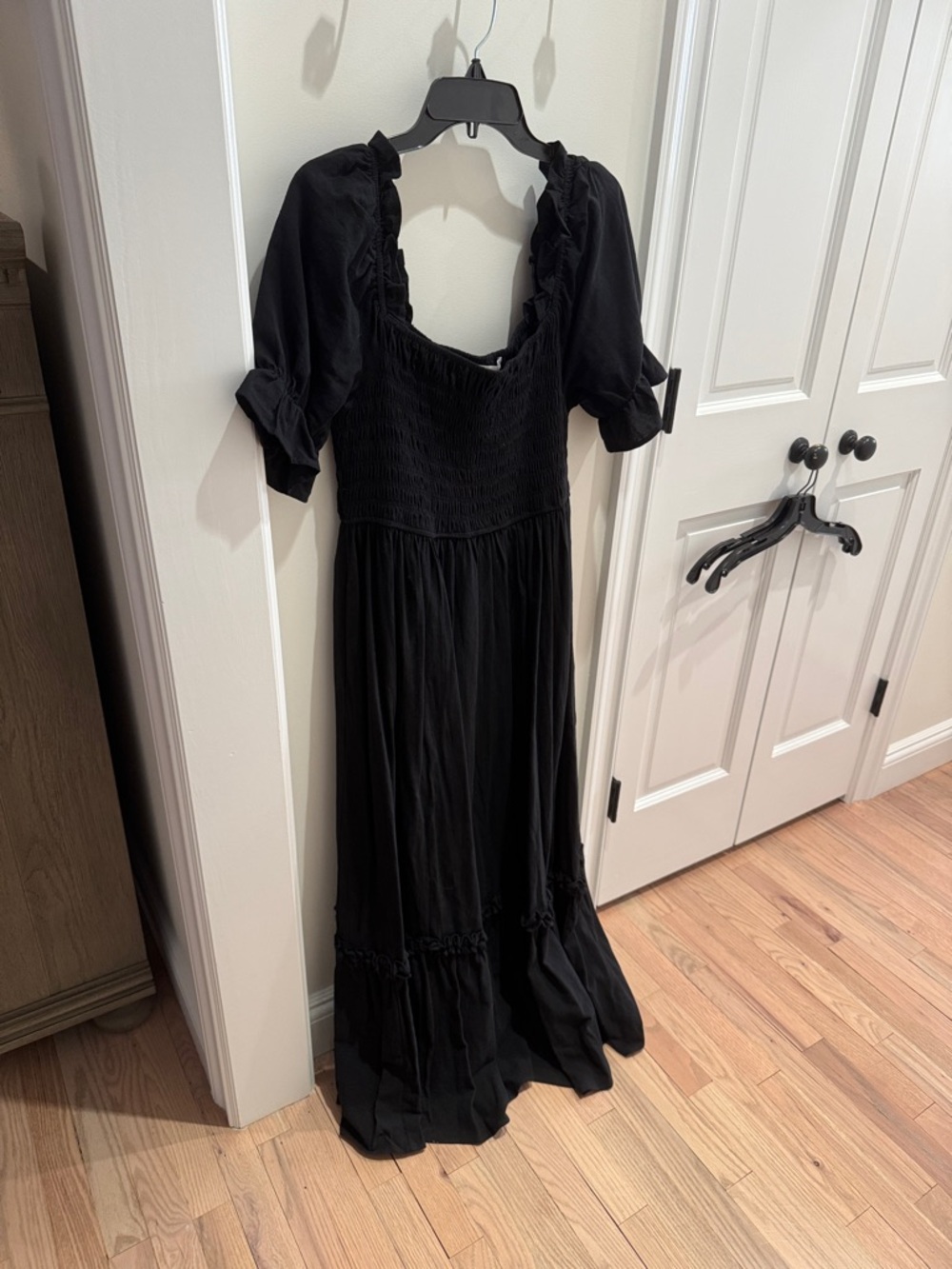 Ces Femme Black Maxi Dress with Smocked Bodice and Puff Sleeves- maternity